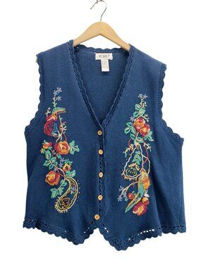 Vtg Sweater Vest Blue Embroidery L Koret Button Front Scalloped Granny Cottage